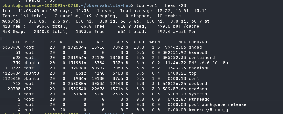 top -bn1 mostrando 60.7% de steal time, con ningun proceso propio que explique la carga