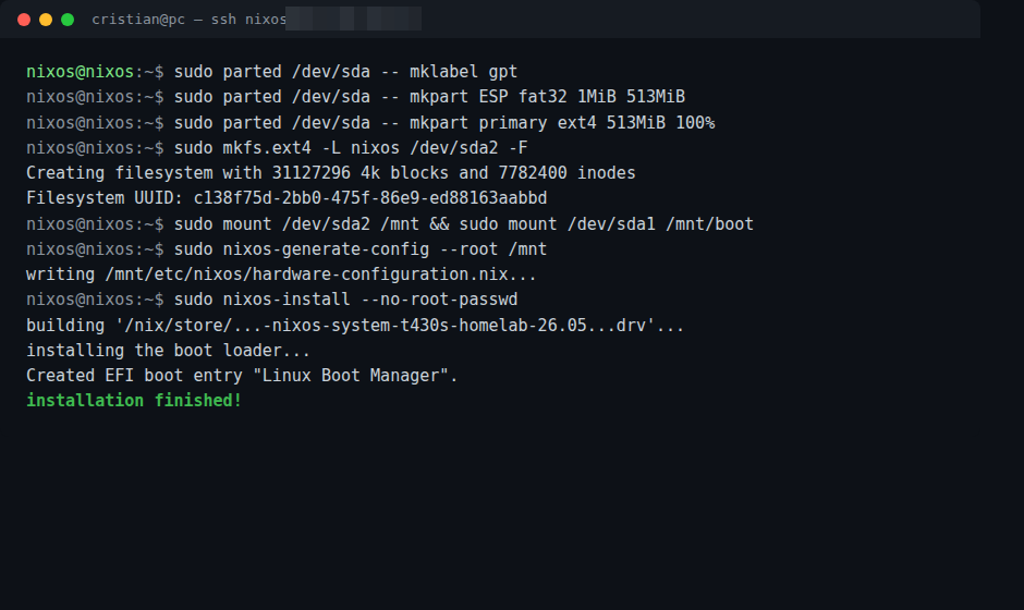 Particionado e instalación de NixOS por SSH, terminando en installation finished