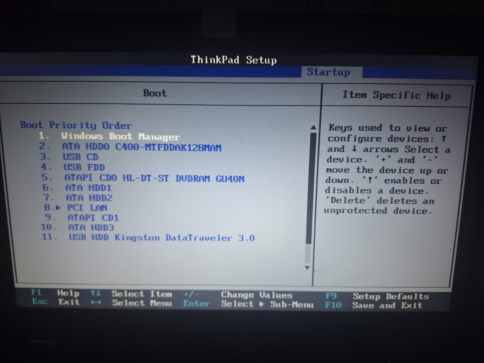Boot Priority Order del BIOS de la ThinkPad, con Windows Boot Manager en la posición 1