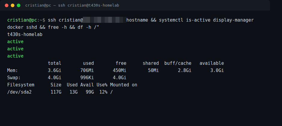 Verificación final por SSH: hostname, servicios activos, RAM, swap y disco