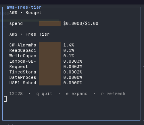 herdr-aws-freetier-bar - AWS budget and free tier bars in a Herdr pane